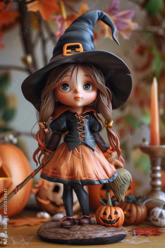A small doll dressed as a witch riding a broom, suitable for Halloween decorations or children's play A small doll dressed as a witch riding a broom, suitable for Halloween decorations or children's play