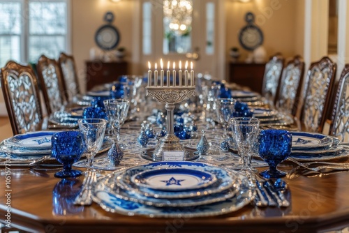 Decorated Hanukkah Table: A beautifully set table ready for a Hanukkah dinner, featuring blue and silver decorations, a menorah at the center, and place settings with traditional Jewish symbols like t photo