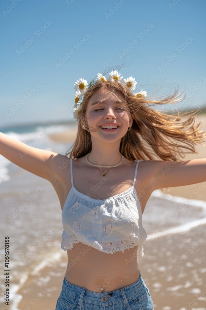 Naklejka premium A woman enjoying the sun and sea, adorned with flowers in her hair