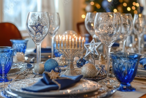 Decorated Hanukkah Table: A beautifully set table ready for a Hanukkah dinner, featuring blue and silver decorations, a menorah at the center, and place settings with traditional Jewish symbols like t photo