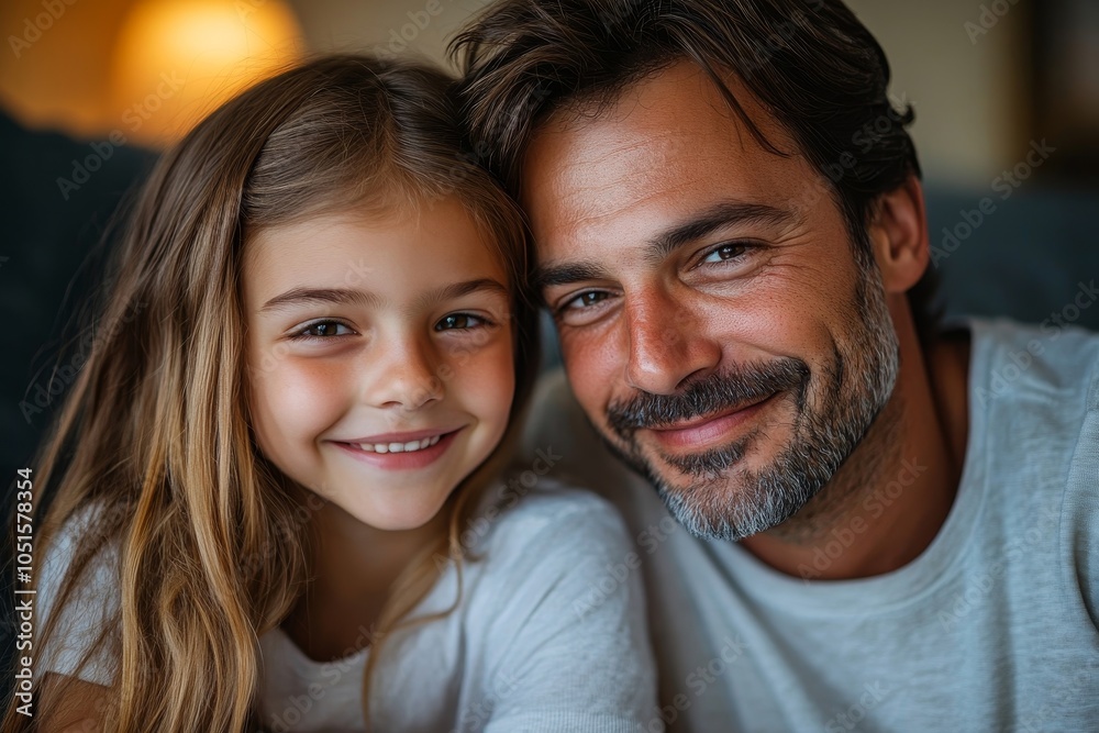 Smiling father and daughter enjoying time together at home, Generative AI Smiling father and daughter enjoying time together at home, Generative AI