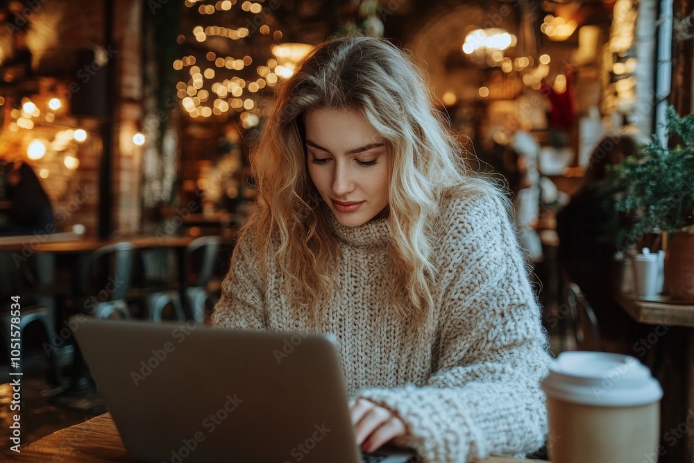 Happy businesswoman working remotely in a cafe with laptop and smartphone, Generative AI Happy businesswoman working remotely in a cafe with laptop and smartphone, Generative AI