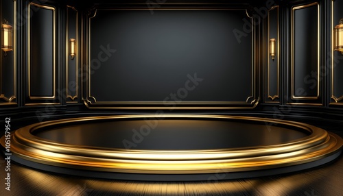 Black and Gold Circular Podium with Ornate Frame and Wall