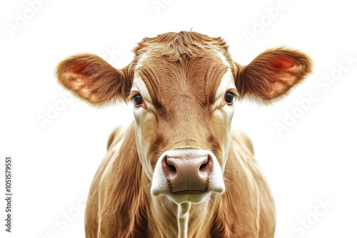 Close-up of a cow's face on a white background, useful for beauty or agriculture-related projects photo