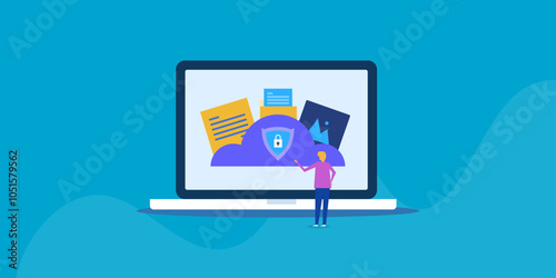Secure data storage on cloud platform, data sharing and editing capacity, backup and recovery solution for e-business, character people vector illustration.