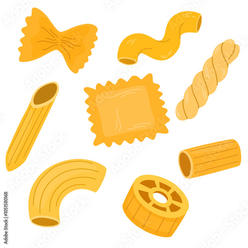 Different sorts of pasta. Macaroni, farfalle, penne, fusilli, stelline, ruote, ditalini. Traditional Italian food. Various noodles types. Vector flat cartoon illustration