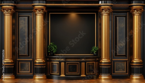 Black and Gold Ornate Interior with Columns and a Countertop