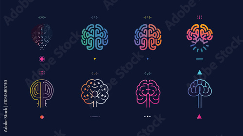 Set of abstract dots and lines brain logotypes concept. Logo for science innovation, machine learning, ai, medical research, new technology development, human brain health, it startup