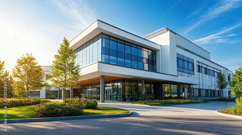 Modern hospital building with large windows and a welcoming entrance, set against a bright blue sky, symbolizing hope and care.