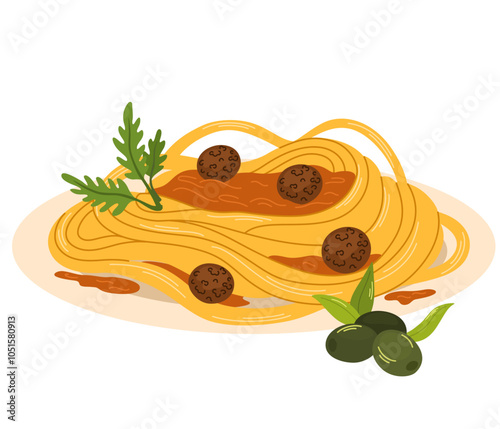 Spaghetti on plate. Italian traditional food, Italy cuisine, spaghetti cook in restaurant, fresh tasty meal, travel card. Vector card, cartoon flat isolated concept