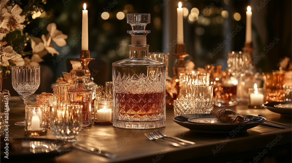 Whisky glass and bottle on a white table with an elegant, isolated setting featuring crystal and floral decor Whisky glass and bottle on a white table with an elegant, isolated setting featuring crystal and floral decor