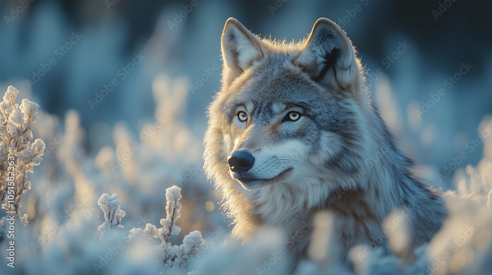 Majestic Grey Wolf with Piercing Eyes in Snowy Winter Landscape at Dawn Majestic Grey Wolf with Piercing Eyes in Snowy Winter Landscape at Dawn