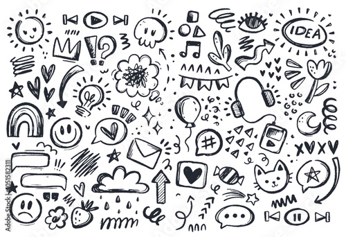 Simple Kid Doodle Icon collection. Scribble sketch of Funny Smile, Hearts, Arrow, Cloud and other. Hand drawn cute Chalk Isolated elements