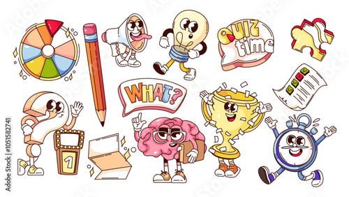 Groovy quiz cartoon characters and stickers set. Funny retro speech bubbles with Quiz time and What text, stopwatch, light bulb. Exam, game cartoon mascots of 70s 80s style vector illustration