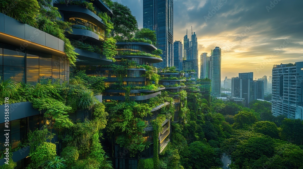 Obraz premium Panoramic view of a futuristic city skyline, featuring innovative architecture and lush greenery, all enhanced with HDR effects.