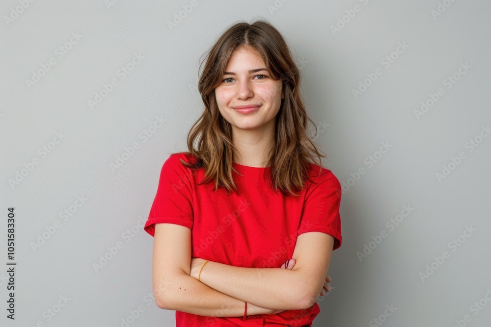 A woman poses with confidence wearing a bright red shirt, ready for a photo shoot A woman poses with confidence wearing a bright red shirt, ready for a photo shoot