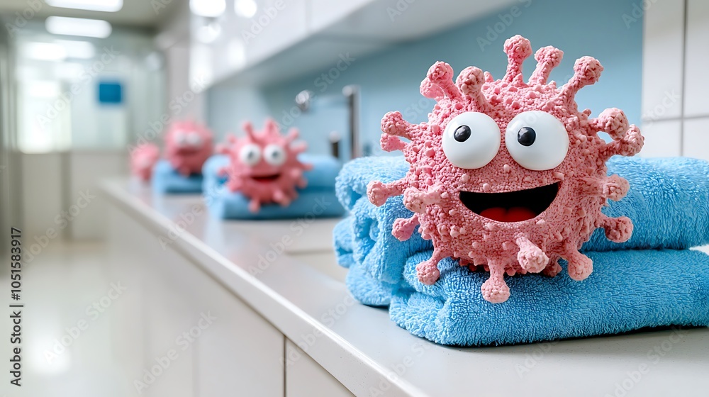 Fototapeta premium Playful virus character on towels in a clean bathroom setting promoting hygiene and safety awareness