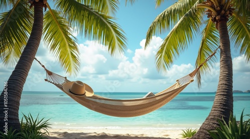 An empty hammock swaying gently in the breeze under a cluster of palm trees.