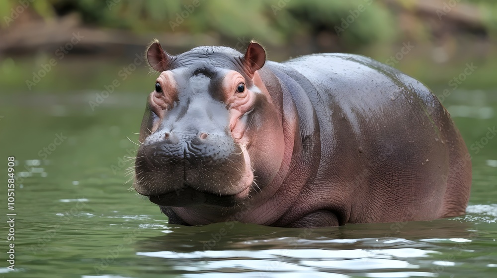 Fototapeta premium Hippo with big eyes and playful expression in river