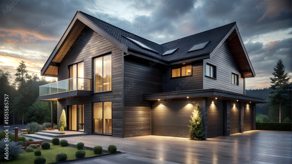 Modern wooden house, inviting mood, stylish architecture, evening lighting Modern wooden house, inviting mood, stylish architecture, evening lighting