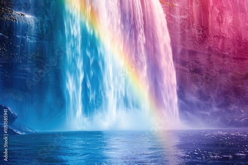 A scenic waterfall with a vibrant rainbow arcing over its center