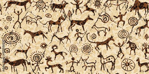 Seamless petroglyph pattern, rock paintings, naive art, vector design