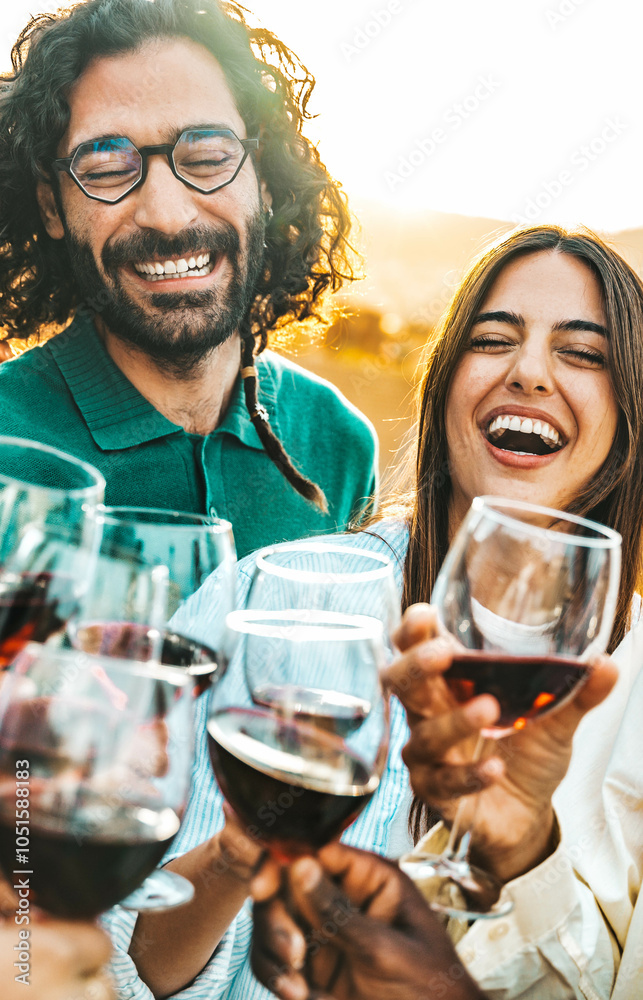 Happy friends toast with red wine at a vineyard - Group of young people enjoying happy hour at rooftop winery bar - Gathering and beverage life style concept
Happy friends toast with red wine at a vineyard - Group of young people enjoying happy hour at rooftop winery bar - Gathering and beverage life style concept