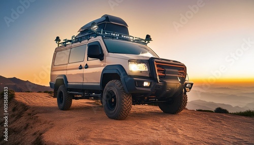 Big futuristic cyber camper offroad van in desert