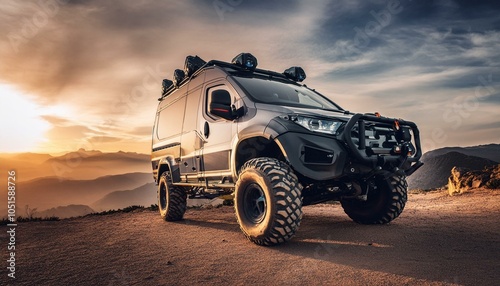 Big futuristic cyber camper offroad van in desert