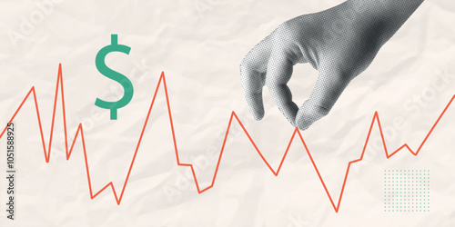 Contemporary Halftone Collage Hand for investments concept, marketing, trading. Online Stock banner with finance elements, graph money. Vertical invest or business poster. Vector illustration.