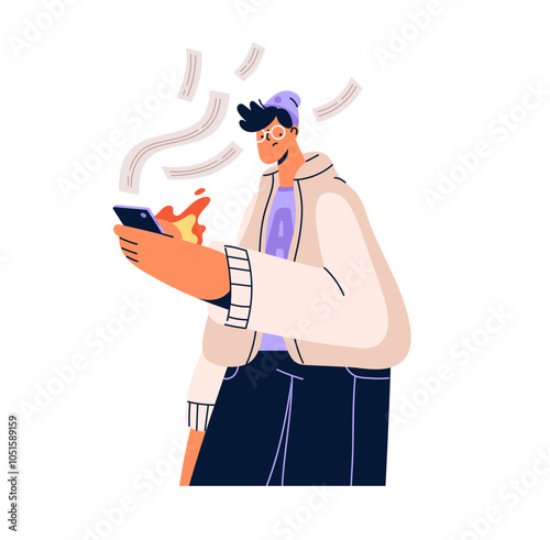 Person read endless bad news feed. Man with phone addiction spend lots time online. Character many surfing internet, scrolling social networks. Doomscrolling concept. Flat vector illustration on white