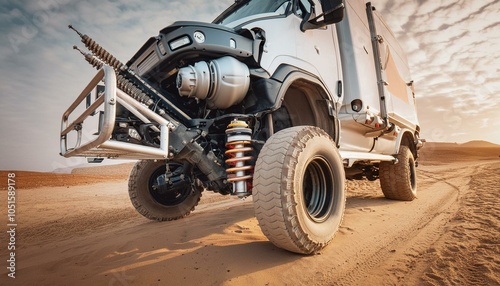Big futuristic cyber camper offroad van in desert