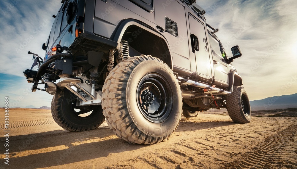 Big futuristic cyber camper offroad van in desert Big futuristic cyber camper offroad van in desert