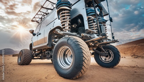 Big futuristic cyber camper offroad van in desert
