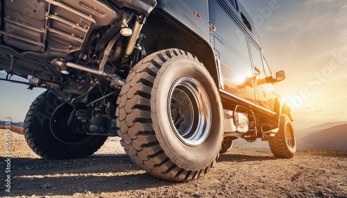Big futuristic cyber camper offroad van in desert