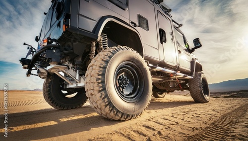 Big futuristic cyber camper offroad van in desert