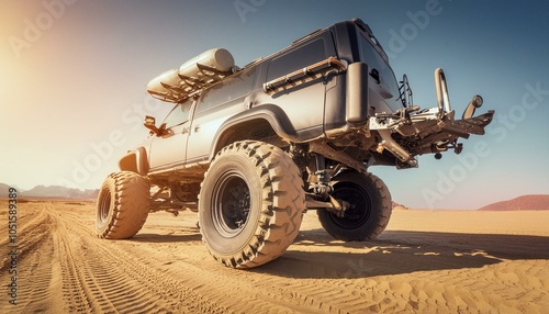 Big futuristic cyber camper offroad van in desert