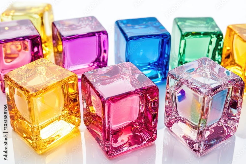 Ice cubes in various colors arranged on a white background Ice cubes in various colors arranged on a white background