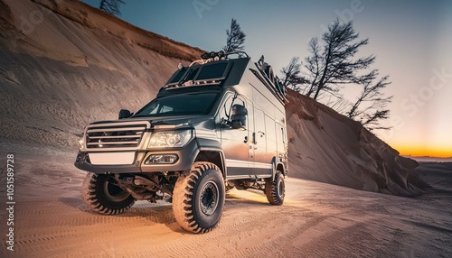 Big futuristic cyber camper offroad van in desert