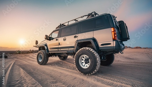 Big futuristic cyber camper offroad van in desert