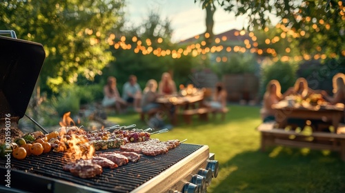 Relaxed backyard barbecue setting with guests mingling, laughter in the air, and a grill sizzling with tasty food.