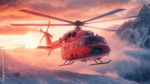 Rescue helicopter landing on a snowy peak during sunset. photo