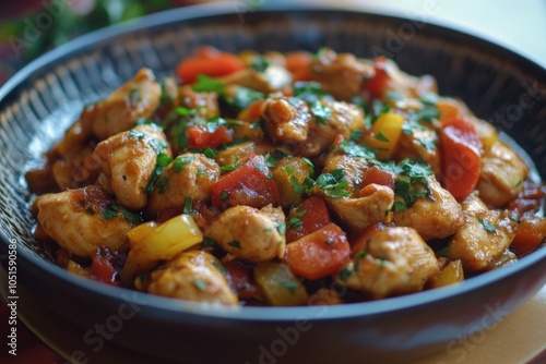 Freshly prepared dish featuring meat, vegetables, and possibly served at a gathering or meal