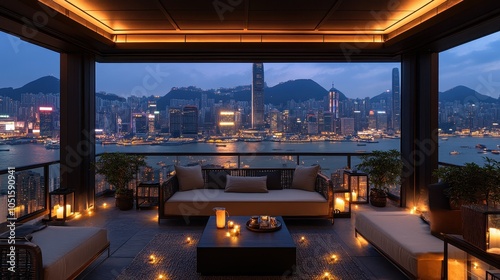 Rooftop terrace with panoramic city views, adorned with comfortable seating and twinkling fairy lights.