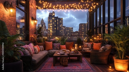 Rooftop terrace with panoramic city views, adorned with comfortable seating and twinkling fairy lights.