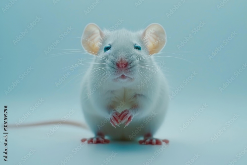A small white mouse with bright blue eyes perched on a table, perfect for use in educational or children's content A small white mouse with bright blue eyes perched on a table, perfect for use in educational or children's content