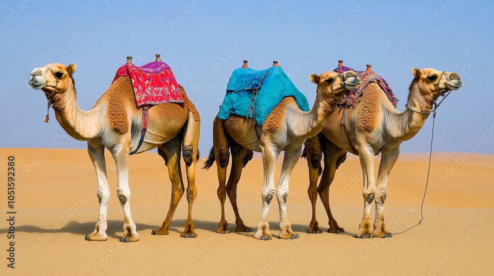 Fototapeta premium Three Camels in Desert Landscape with Colorful Saddles