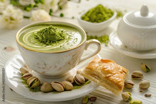 A delicate cup of green tea accompanied by a flaky pastry, perfect for a relaxing moment