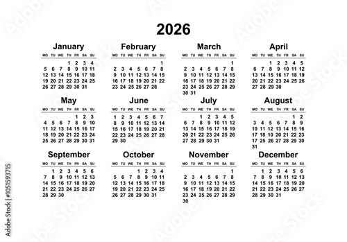 2026 Monday Start Horizontal Black and White Calendar Template, Simple layout of pocket or wall calenders. Yearly Stationery organizer in minimal design vector