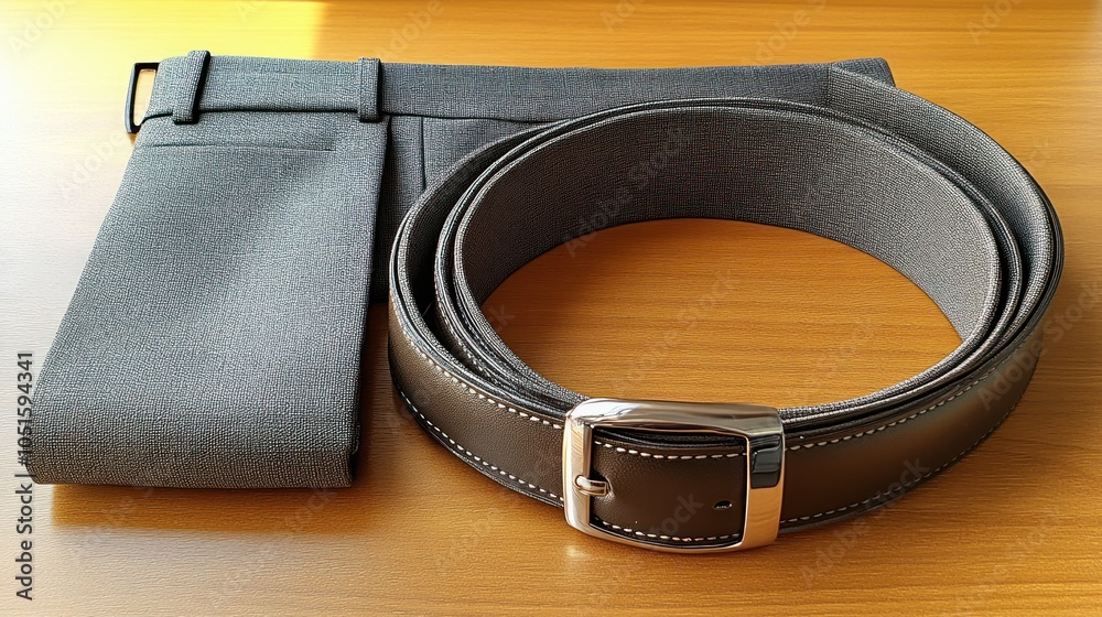 Black Leather Belt and Grey Fabric Belt on Wooden Surface Black Leather Belt and Grey Fabric Belt on Wooden Surface